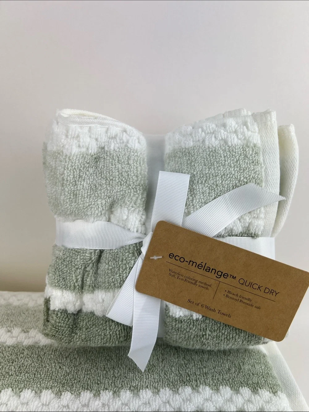 Eco Melange Bath Towels Green White Quick Dry Soft 100% Cotton 10 Pc Set NEW